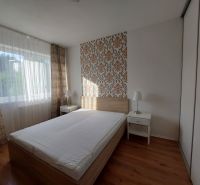 PRENÁJOM : MODERNÝ 3 IZBOVÝ BYT S TERASOU A GARÁŽOVÝM STÁTÍM, BELVEDER - Spálňa s posteľou, tapetou a podlahou s dreveným dekorom v 3-izbovom byte.