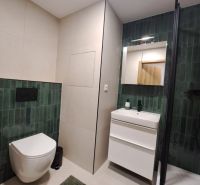 Prenájom kompletne zrekonštruovaného 2-izbového bytu s balkónom - Kúpeľňa v 2-izbovom byte s tmavo zelenými obkladačkami a bielym sanitárnym zariadením.