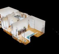 BA/Širšie centrum- Prenájom komplet prerobeného 3 izbového bytu  - 3D model 3-izbového bytu s podlahou s dreveným dekorom a zariadením.