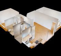 RADO I 3-izbový byt 59m² I Legionárska I Trenčianske Biskupice - 3D model 3-izbového bytu s podlahou s dreveným dekorom a priestrannými miestnosťami.