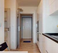 Komplet zariadený 2i byt s panoramatickými výhľadmi a 5.3 m² terasou - Kuchyňa v 3-izbovom byte s podlahou s dreveným dekorom, nechýba drez s riadom.