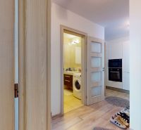 Komplet zariadený 2i byt s panoramatickými výhľadmi a 5.3 m² terasou - Interiér 3-izbového bytu s podlahou s dreveným dekorom, kuchyňou a kúpeľňou.