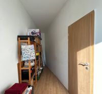 V projekte Koloseo 3 izbový byt na ulici Tomášikova v Bratislave - Úzka chodba s regálmi a podlahou s dreveným dekorom v 3-izbovom byte.