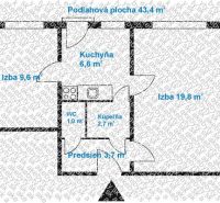 Real - H,s.r.o. ponúka na predaj útulný 2 izbový byt  Bratislava IV  - Pôdorys 2-izbového bytu s kuchyňou, kúpeľňou a predsieňou, podlahová plocha 43,4 m².