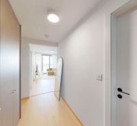Eurovea Tower – terasa, garážové státie, klimatizácia, Downtown - Chodba v 2-izbovom byte s podlahou s dreveným dekorom a vstavanými skriňami.