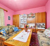 Na predaj 3-izb. rod. dom na veľkom pozemku, Gabčíkovo - Obývacia izba rodinného domu so starožitným nábytkom, pohovkami a ružovými stenami.