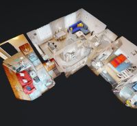 Na predaj 3-izbový rodinný dom v Holíči - 3D pôdorys rodinného domu s rôznymi miestnosťami a nábytkom.