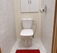 3.izbový byt so záhradou /420 m²/ a chatkou BOŠANY - Toaleta so skrinkou a červeným koberčekom v 3-izbovom byte.