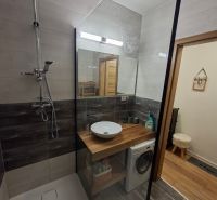 DOBRÉ REALITY - krásny 1,5-i. byt s lódžiou na prenájom, Kanianka - Kúpeľňa s umývadlom, sprchovým kútom a práčkou v 1-izbovom byte, podlaha s dreveným dekorom.