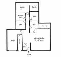 MODERNÝ 6-IZBOVÝ BUNGALOV S TERASOU A POZEMKOM 884 m² – RATNOVCE - Pôdorys rodinného domu obsahuje garáž, spálne, kúpeľne, terasu a obývaciu izbu s kuchyňou.