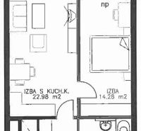 BEZ PROVÍZIE-Prenájom 2i (55,24 m2),10/13,LOGGIA,GARÁŽ, Jégeho, BA II - Pôdorys 2-izbového bytu s kuchyňou, kúpeľňou, komorou a halou.