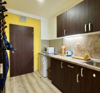 NA PREDAJ apartmán v Podhájskej  - Kuchynský kút v Rekreačnom apartmáne s podlahou s dreveným dekorom a skrinkami.
