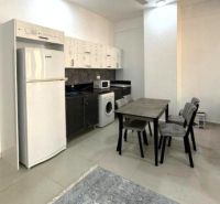 2-IZBOVÝ CONDO APARTMÁN PRI PLÁŽI, MBWENI, ZANZIBAR - Kuchyňa v 2-izbovom byte s jedálenským stolom, chladničkou a pračkou.