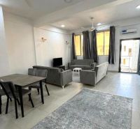2-IZBOVÝ CONDO APARTMÁN PRI PLÁŽI, MBWENI, ZANZIBAR - 2-izbový byt s tmavými gaučmi, jedálenským stolom a televízorom, podlaha s dreveným dekorom.
