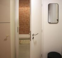 Na predaj úplne nový 1i byt od architekta v tichej časti Dúbravky - Interiér 1-izbového bytu s otvorenými dverami, zrkadlom a podlahou s dreveným dekorom.