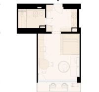 Na predaj úplne nový 1i byt od architekta v tichej časti Dúbravky - Pôdorys 1-izbového bytu s obývacou izbou, kuchyňou, kúpeľňou a balkónom.