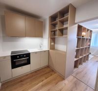 Na predaj úplne nový 1i byt od architekta v tichej časti Dúbravky - Kuchyňa s linkou a podlahou s dreveným dekorom v 1-izbovom byte.