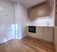 Na predaj úplne nový 1i byt od architekta v tichej časti Dúbravky - Kuchyňa v 1-izbovom byte s podlahou s dreveným dekorom a svetlými skrinkami.