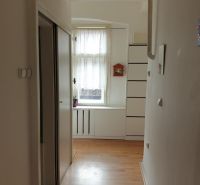 Praktický byt v širšom centre neďaleko Trnavského Mýta. Mestská ul.  - Chodba 2-izbového bytu s podlahou s dreveným dekorom, vstavanou skriňou a oknom s kvetinou.