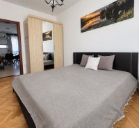 PRENÁJOM - 3-izbový zariadený byt s balkónom a garážou - Šustekova - Spálňa s veľkou posteľou, šatníkovou skriňou a podlahou s dreveným dekorom v 3-izbovom byte.