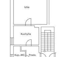 **Mestský byt s pocitom domu – Koliba, ticho, záhrada a parkovanie** - Pôdorys 1-izbového bytu zahŕňa izbu, kuchyňu, predsieň a kúpeľňu s WC.