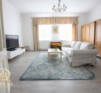**Mestský byt s pocitom domu – Koliba, ticho, záhrada a parkovanie** - Obývacia izba v 1-izbovom byte s pohovkou, televízorom a podlahou s dreveným dekorom.