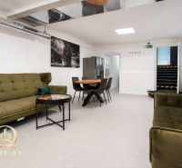 **Hotový priestor. Povolené ubytovanie. Pripravené zarábať**Airbnb** - Obývacia izba s olivovo zelenou sedačkou a moderným nábytkom vo veľkom byte.