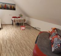 Prenájom - Priestranná časť rodinného domu | BORINKA | 450 € VRÁTANE E - Svetlá podlaha s dreveným dekorom, stôl a pohovka v 2-izbovom byte.