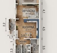 RODINNÝ DOM S VÝNIMOČNOU ZÁHRADOU, 1 141 M², BANSKÁ BYSTRICA  - Pôdorys rodinného domu s kuchyňou, obývačkou a spálňou na podlahe s dreveným dekorom.