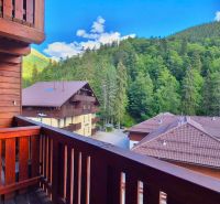3 - IZBOVÝ APARTMÁN POD CHOPKOM, 52M2 - Balkón s výhľadom na les a strechy rekreačných apartmánov v Hornej Lehote.