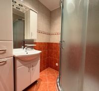Na predaj: 2 izbový byt + PIVNICA + ŠPAJZA - Kúpeľňa so sprchovacím kútom a bielym nábytkom v 2-izbovom byte.