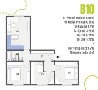 NOVO ZREKONŠTRUOVANÝ 4-IZBOVÝ BYT V TICHOM PROSTREDÍ - 78 m² - NOVÉ ME - Pôdorys 4-izbového bytu s kuchyňou, kúpeľňou, predsieňou a tromi izbami.