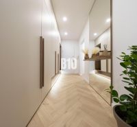 NOVO ZREKONŠTRUOVANÝ 4-IZBOVÝ BYT V TICHOM PROSTREDÍ - 78 m² - NOVÉ ME - Chodba s podlahou s dreveným dekorom, veľkým zrkadlom a vstavanými skriňami v 4-izbovom byte.