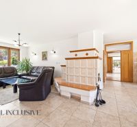 SÚKROMNÉ SÍDLO NA KONCI KÚPEĽNÉHO PARKU | 4 454 m² | TRENČ. TEPLICE - Obývacia izba s krbom, koženými sedačkami a presvetlenými oknami v rodinnom dome.