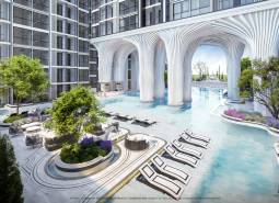 Výstavba bytov v Pattaya: bazén, ležadlá, zeleň, moderná architektúra, exteriér, slnečné miesto.