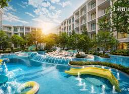 Výstavba bytov v Phukete s bazénom a zelenými plochami ponúka luxusné bývanie.