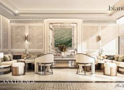 Luxusný interiér s mramorovými detailmi a pohodlným sedením. Výstavba bytov.