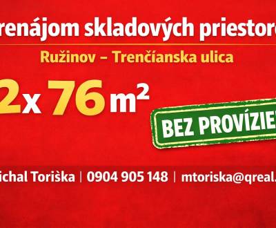 **BEZ PROVÍZIE** SKLADOVÉ PRIESTORY NA TRENČIANSKEJ UL. BA-RUŽINOV**