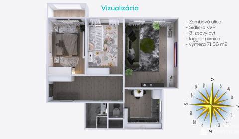 Exkluzívne na predaj 3 izbový byt, 71,56 m2 + loggia, Zombova, KVP