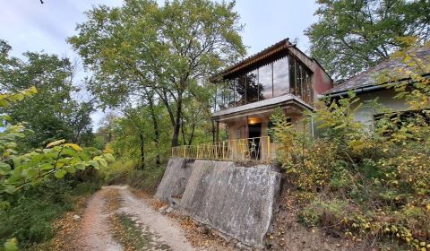 Pôvodná chata s panorámou nad korunami stromov blízko Hrona v rekreačn