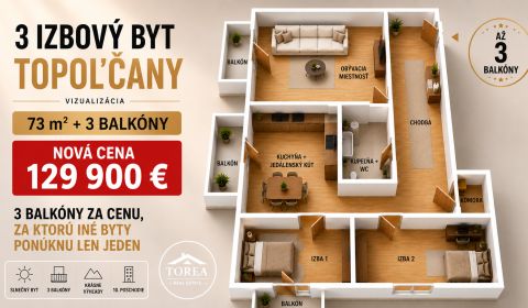 3 IZBY 73m2 + 3 BALKÓNY, za 129 900 €  SKVELÁ PONUKA  TOPOĽČANY.