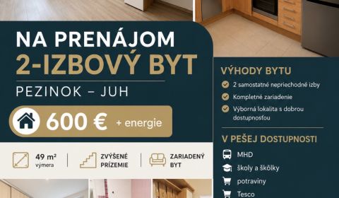 Na prenájom zariadený 2izbový byt Pezinok Juh