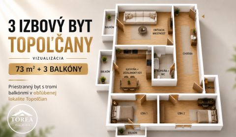 3-izbový byt 73 m² Topoľčany, 3 balkóny a výhľad z 10. poschodia
