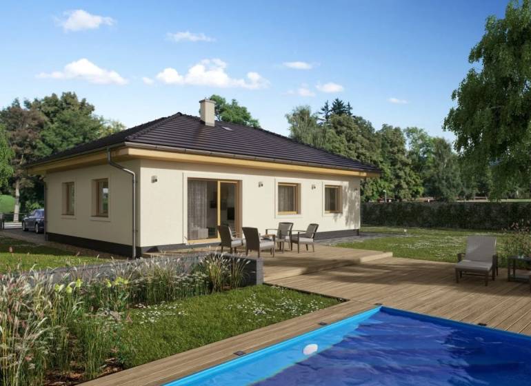 4iz Novostavba NITRA - Dražovce - Rodinný dom pri ulici Dražovce, obklopený zeleňou, s terasou a bazénom na dvore.