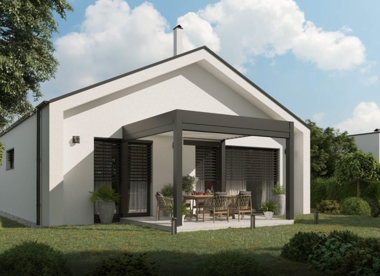 Na predaj nový 4-izbový rodinný dom (Typ ALEX-51) - Rodinný dom s terasou, záhradou a moderným sedením pre relaxáciu a pohodu.