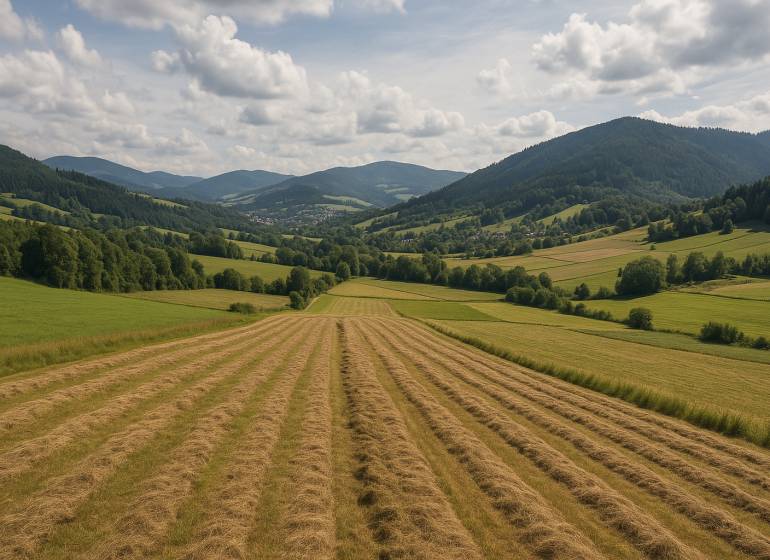 INVESTIČNÁ PRÍLEŽITOSŤ: Podiely Oščadnica, Raková, Staškov - Letný pohľad na Poľnohospodárske a lesné pozemky v Oščadnici s horským pozadím.