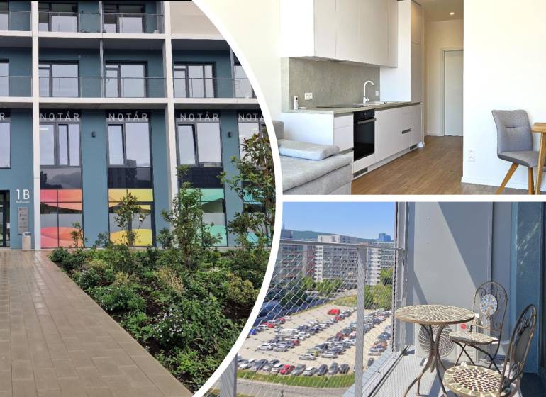 PRENÁJOM- 1i byt, klima, parking, loggia,Olivia Residence, Rožňavska - Vstupná hala budovy na Kolářskej ulici, interiér a balkón 1-izbového bytu.