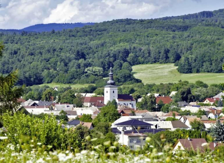 Lutila - 2.700 m2 POĽNOHOSPODÁRSKE POZEMKY v podiele 1/1 - Malebná panoráma Lutile s Poľnohospodárskymi a lesnými pozemkami a kostolom obklopeným zelenými lesmi.
