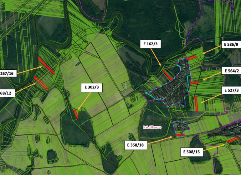 Ižkovce – 3.855 m2 ORNÁ PÔDA a LESY - Mapa poľnohospodárskych a lesných pozemkov v okolí Ižkoviec so značením parciel.
