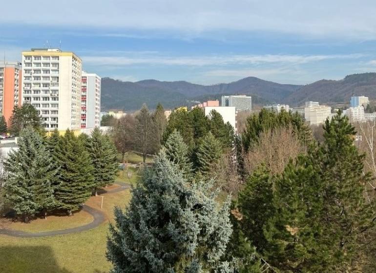 HĽADAM: 1.izb. byt s loggiou, na ul. THK, časť Fončorda - B. Bystrica - Žena pred panorámou sídliska na ulici Trieda Hradca Králové, hľadá 1-izbový byt.